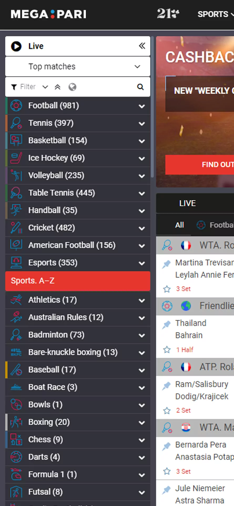 Sports betting section in the Megapari app