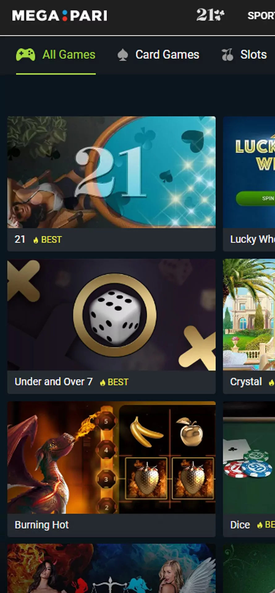 Casino games section in the Megapari app